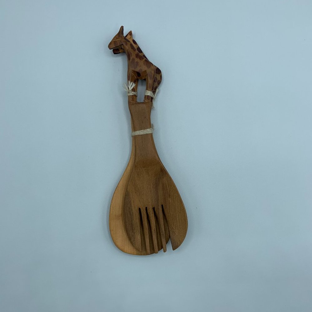 Vintage Carved Wooden African Giraffe  Serving Spoon & Fork Set - NWOT